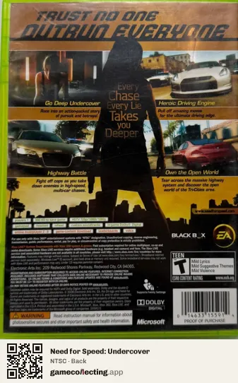 Need for Speed: Undercover Xbox 360, NTSC box back
