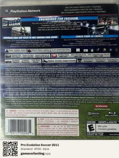 Pro Evolution Soccer 2011 PlayStation 3, NTSC box back