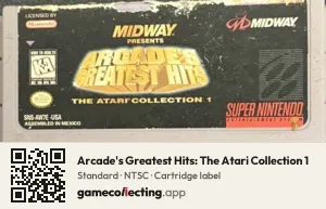 Arcade's Greatest Hits: The Atari Collection 1 Super Nintendo Entertainment System, NTSC cartridge label