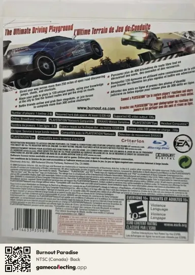 Burnout Paradise PlayStation 3, Canada box back
