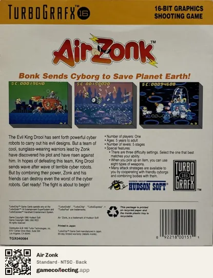 Air Zonk TurboGrafx-16, NTSC box back