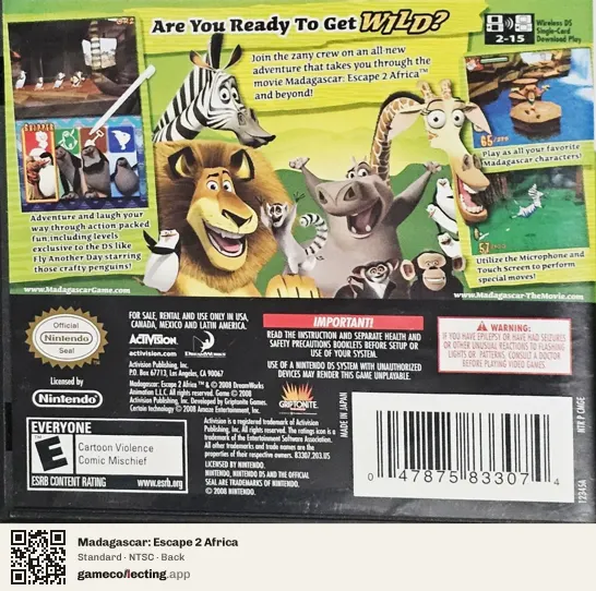 Madagascar: Escape 2 Africa Nintendo DS, NTSC box back