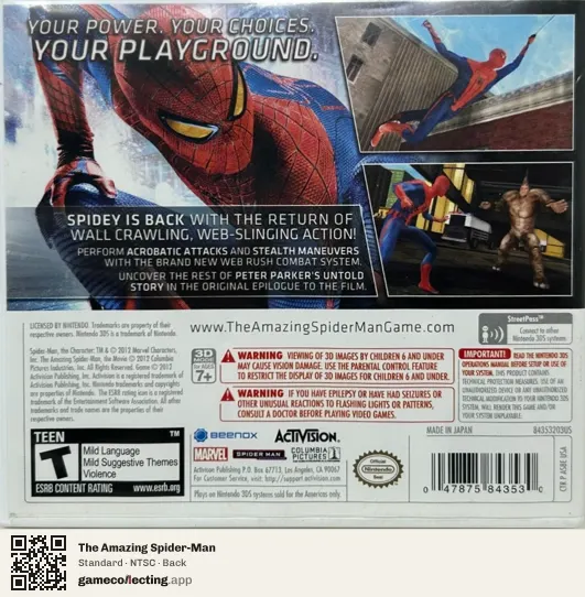The Amazing Spider-Man Nintendo 3DS, NTSC box back