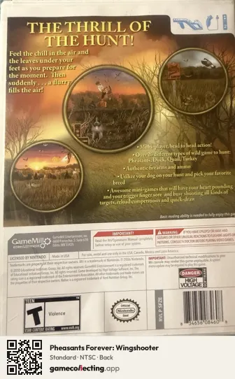 Pheasants Forever: Wingshooter Nintendo Wii, NTSC box back