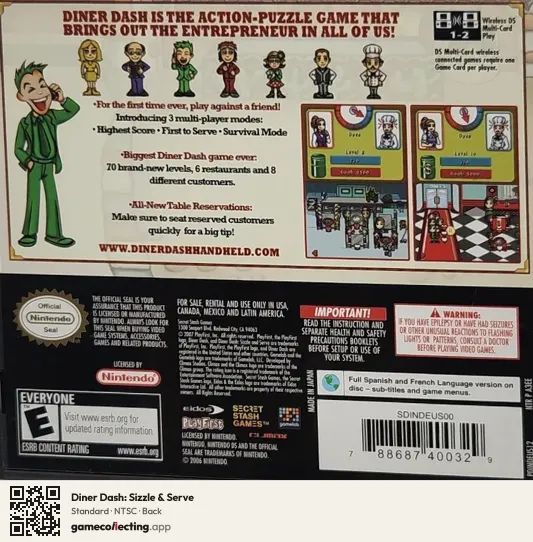 Diner Dash: Sizzle & Serve Nintendo DS, NTSC box back