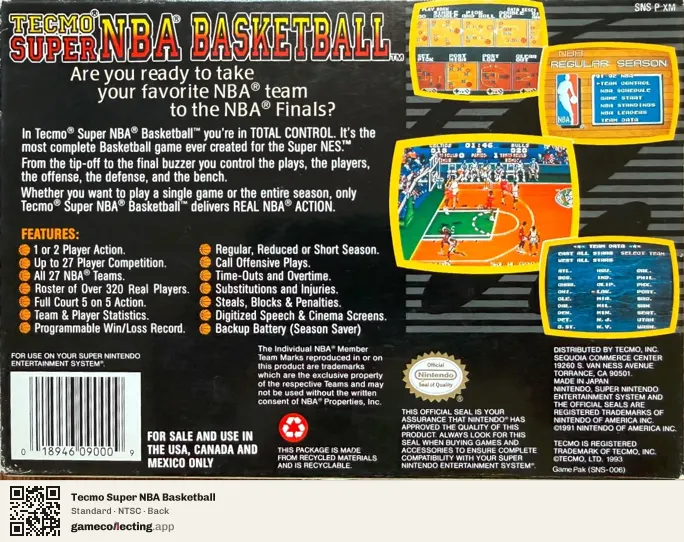 Tecmo Super NBA Basketball Super Nintendo Entertainment System, NTSC box back