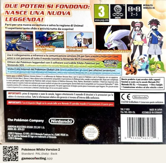 Pokémon White Version 2 Nintendo DS, Italy box back