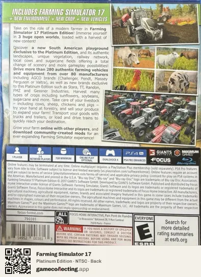 Farming Simulator 17 PlayStation 4, NTSC box back