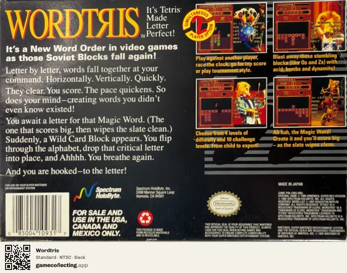 Wordtris Super Nintendo Entertainment System, NTSC box back