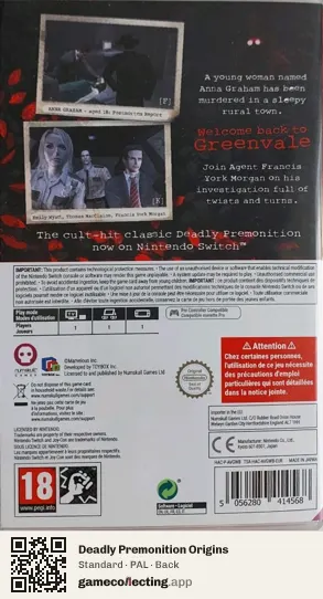 Deadly Premonition Origins Nintendo Switch, PAL box back