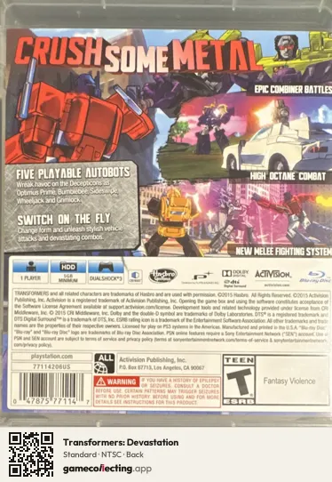 Transformers: Devastation PlayStation 3, NTSC box back