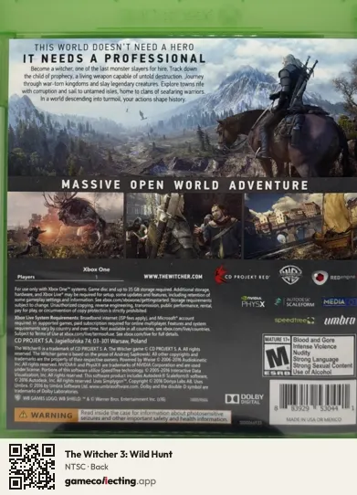 The Witcher 3: Wild Hunt Xbox One, NTSC box back