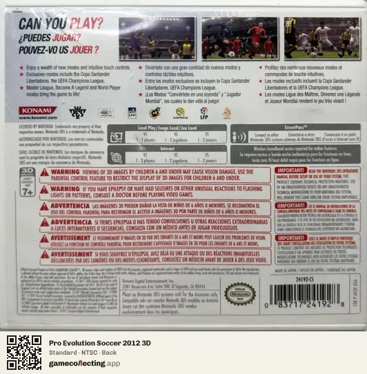 Pro Evolution Soccer 2012 3D Nintendo 3DS, NTSC box back