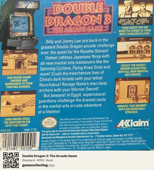 Double Dragon 3: The Arcade Game Game Boy, NTSC box back