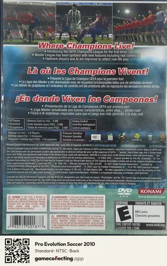 Pro Evolution Soccer 2010 PlayStation 2, NTSC box back