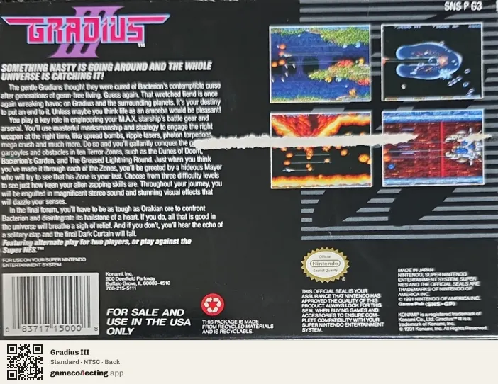 Gradius III Super Nintendo Entertainment System, NTSC box back
