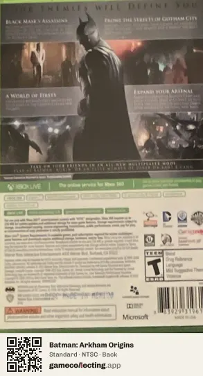 Batman: Arkham Origins Xbox 360, NTSC box back