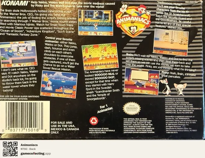 Animaniacs Super Nintendo Entertainment System, NTSC box back