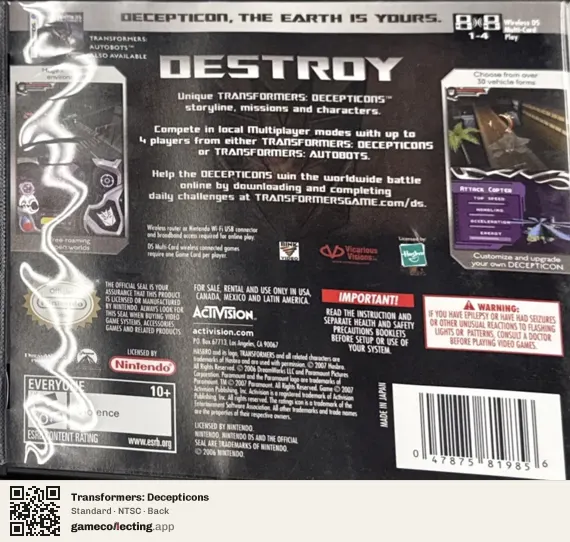 Transformers: Decepticons Nintendo DS, NTSC box back
