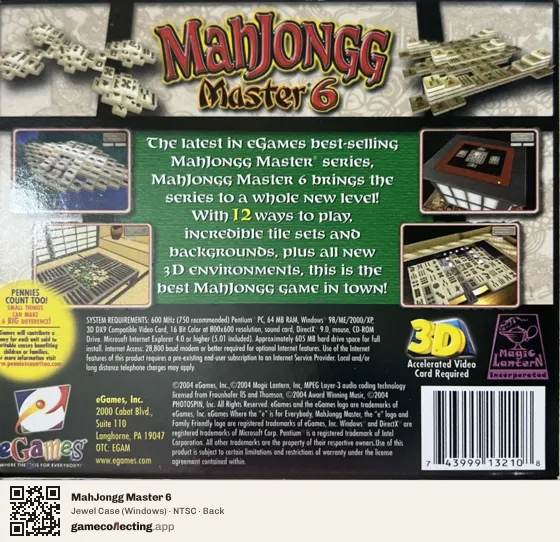 MahJongg Master 6 Computer, NTSC box back