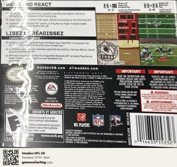 Madden NFL 08 Nintendo DS, NTSC box back