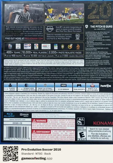 Pro Evolution Soccer 2016 PlayStation 4, NTSC box back