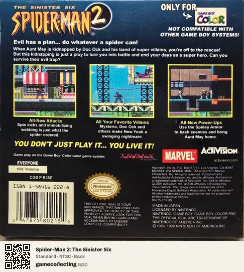 Spider-Man 2: The Sinister Six Game Boy Color, NTSC box back