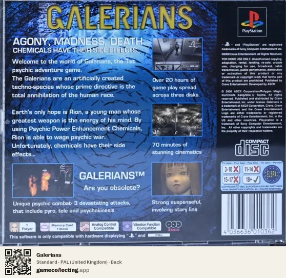 Galerians PlayStation, United Kingdom box back