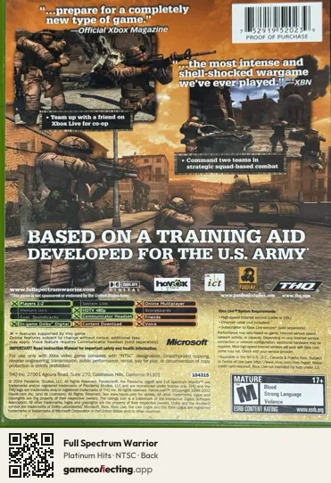 Full Spectrum Warrior Xbox, NTSC box back