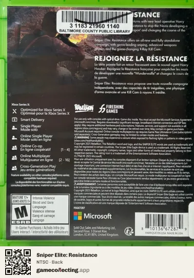 Sniper Elite: Resistance Xbox Series X, NTSC box back