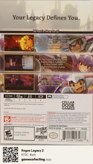 Rogue Legacy 2 Nintendo Switch, NTSC box back