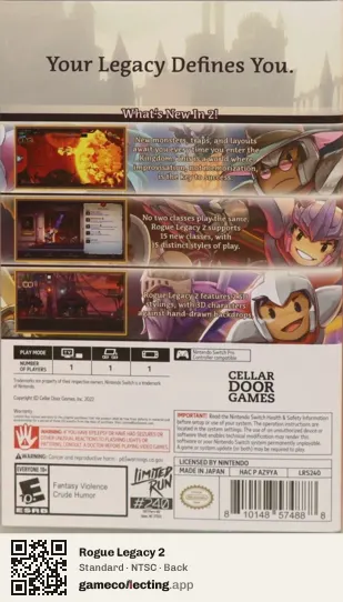Rogue Legacy 2 Nintendo Switch, NTSC box back