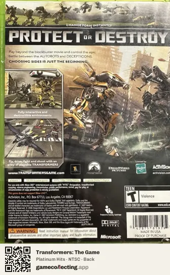 Transformers: The Game Xbox 360, NTSC box back