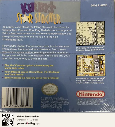 Kirby's Star Stacker Game Boy, NTSC box back