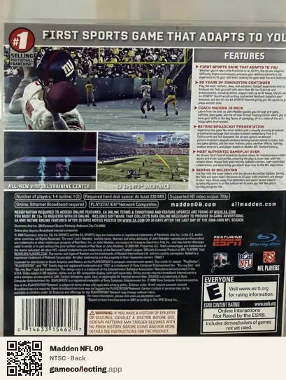 Madden NFL 09 PlayStation 3, NTSC box back