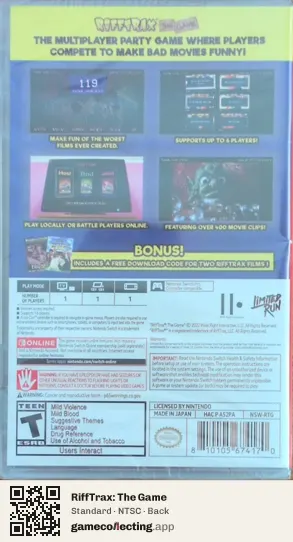 RiffTrax: The Game Nintendo Switch, NTSC box back