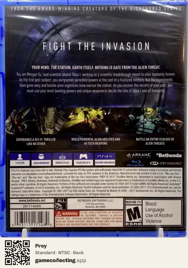 Prey PlayStation 4, NTSC box back