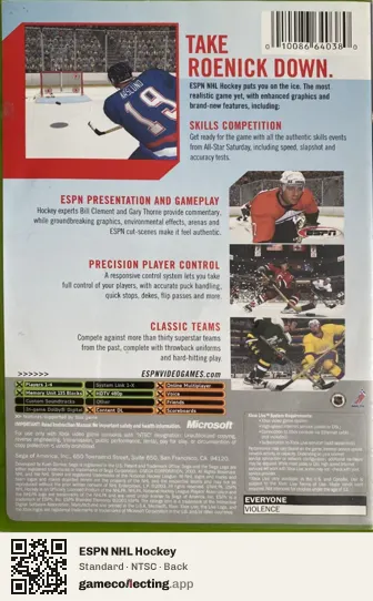 ESPN NHL Hockey Xbox, NTSC box back