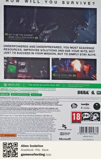 Alien: Isolation Xbox 360, PAL box back