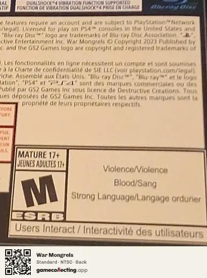 War Mongrels PlayStation 4, NTSC box back
