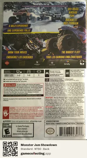 Monster Jam Showdown Nintendo Switch, NTSC box back