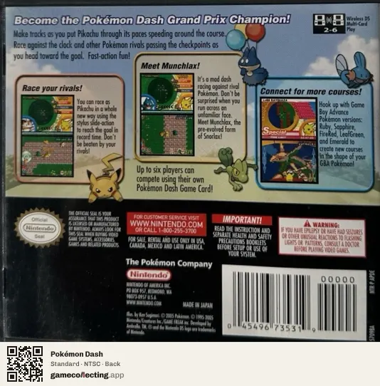 Pokémon Dash Nintendo DS, NTSC box back