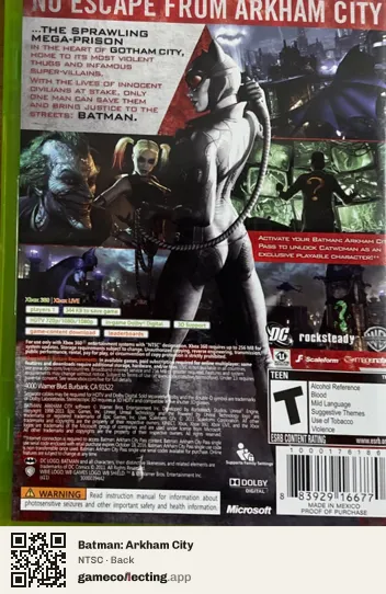 Batman: Arkham City Xbox 360, NTSC box back