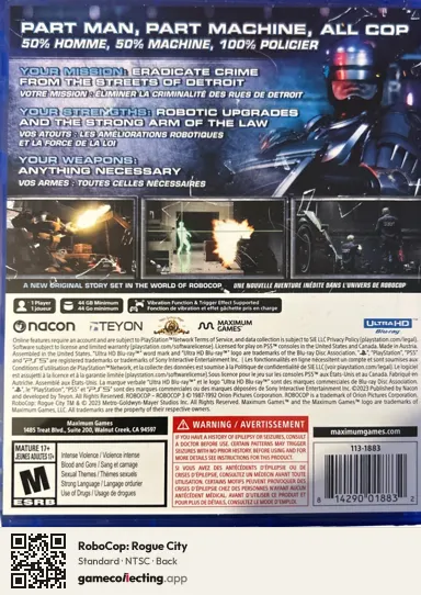 RoboCop: Rogue City PlayStation 5, NTSC box back