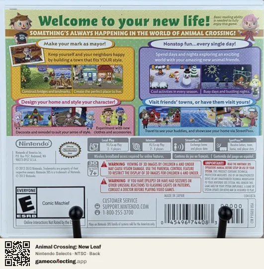 Animal Crossing: New Leaf Nintendo 3DS, NTSC box back