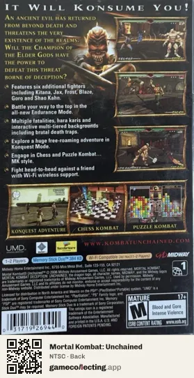 Mortal Kombat: Unchained PlayStation Portable, NTSC box back