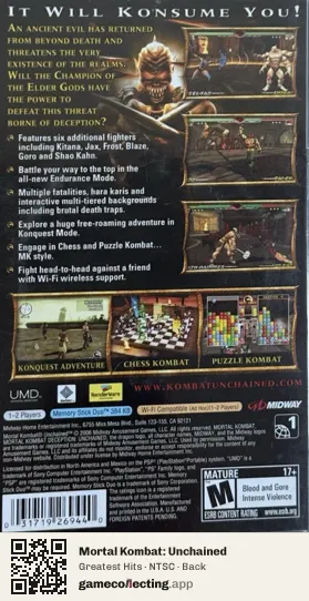 Mortal Kombat: Unchained PlayStation Portable, NTSC box back