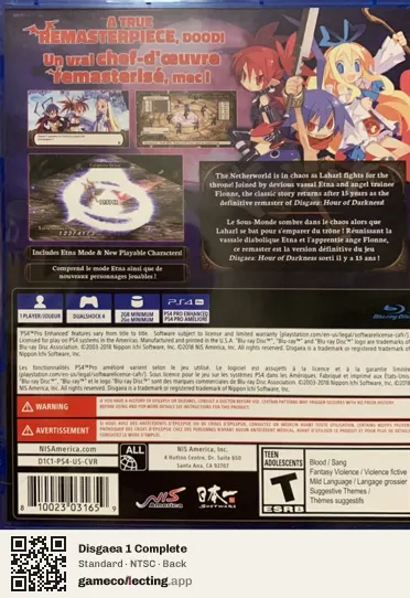Disgaea 1 Complete PlayStation 4, NTSC box back