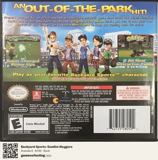 Backyard Sports: Sandlot Sluggers Nintendo DS, NTSC box back