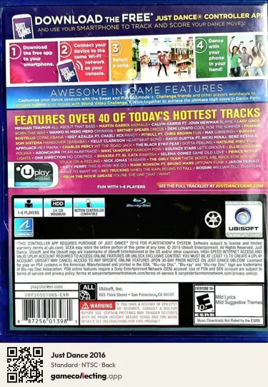 Just Dance 2016 PlayStation 4, NTSC box back